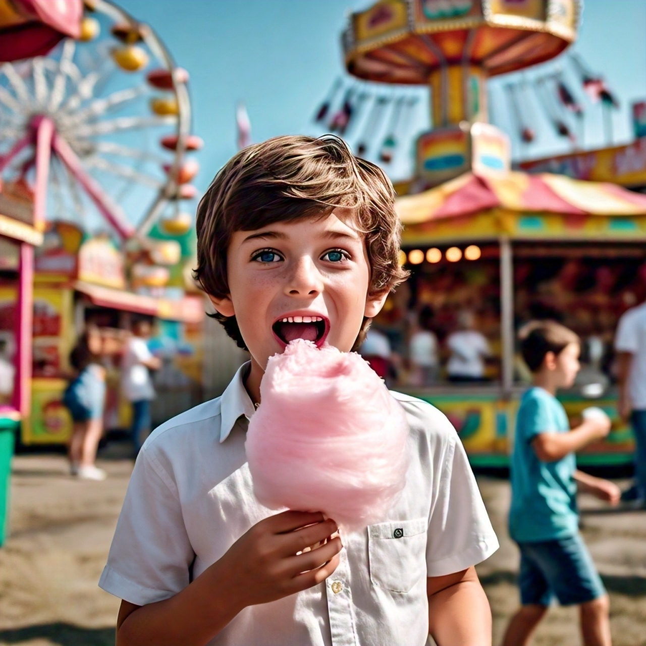 a beautiful boy is eating cotton candy transformed