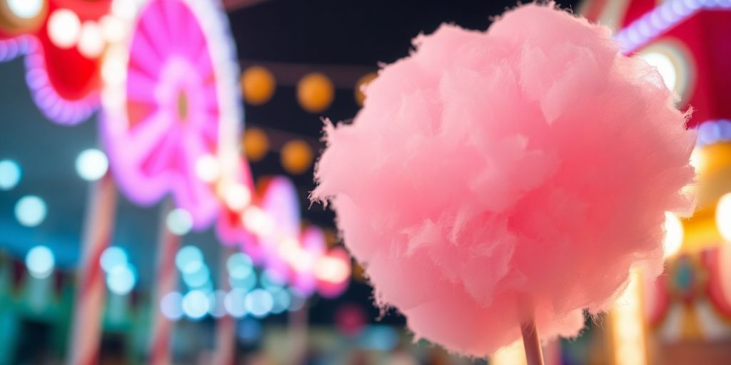 Fluffy pastel cotton candy on a stick with blurred background.