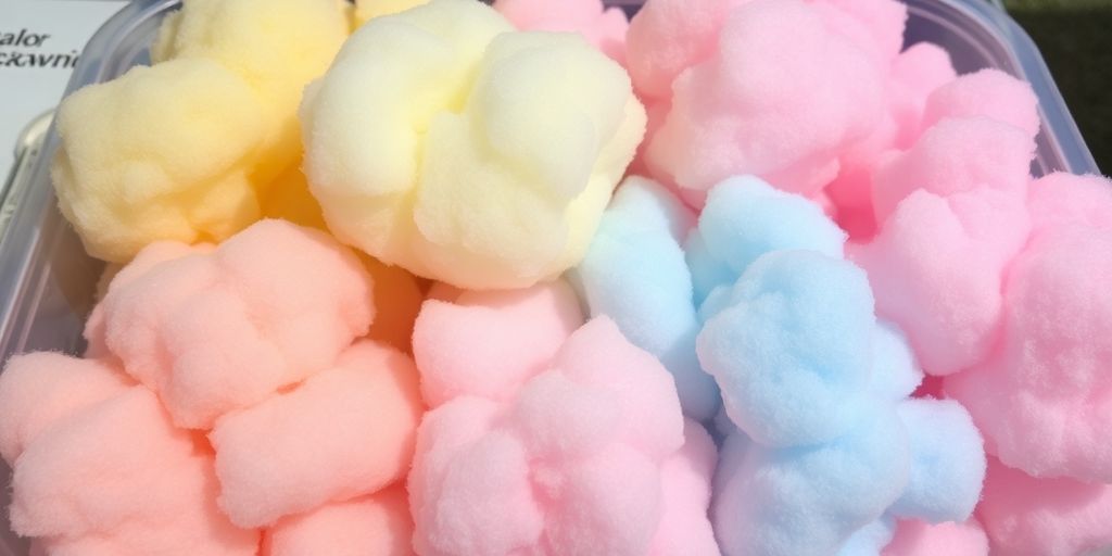 Assorted cotton candy in pastel colors in a container.