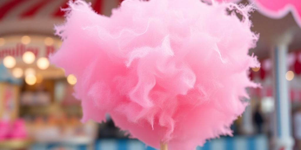 Fluffy pink strawberry cotton candy on a stick.