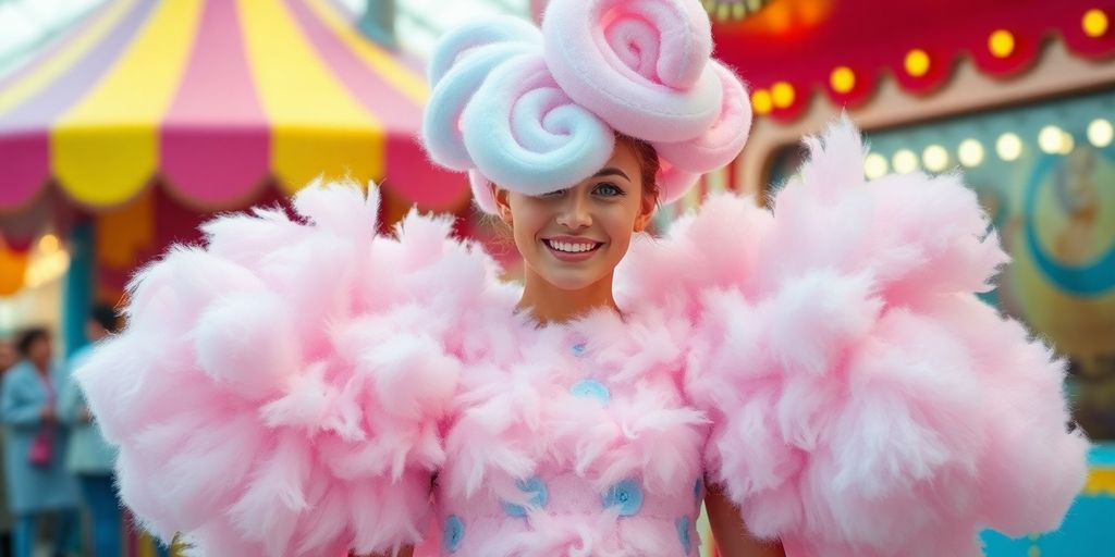 Colorful cotton candy costume with fluffy pastel details.