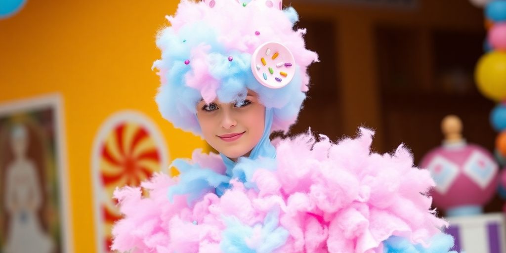 Colorful cotton candy costume with whimsical cone hat.