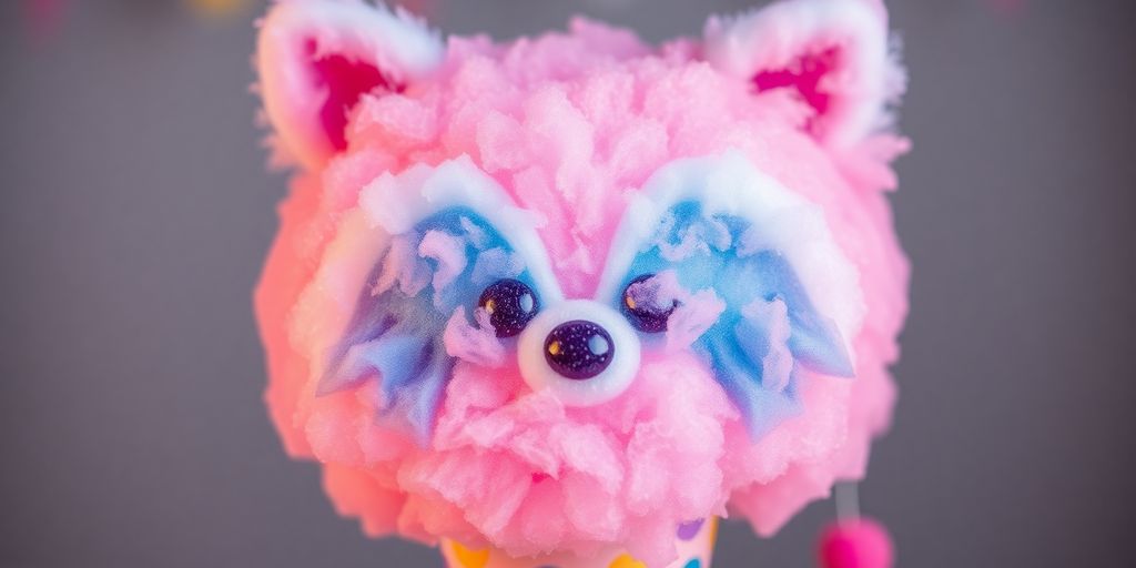 Fluffy raccoon-shaped cotton candy on a colorful cone.