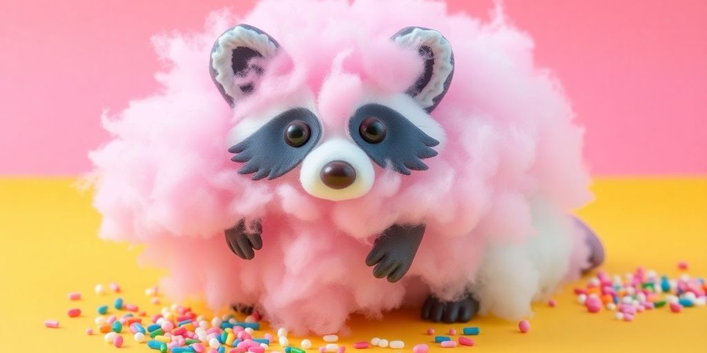 Colorful raccoon-shaped cotton candy with sprinkles.