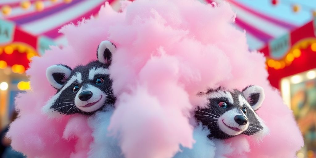 Colorful raccoon-shaped cotton candy at a carnival.