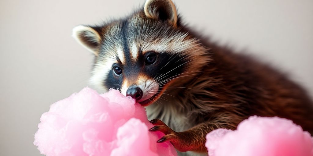 Raccoon reaching for colorful cotton candy in a playful scene.