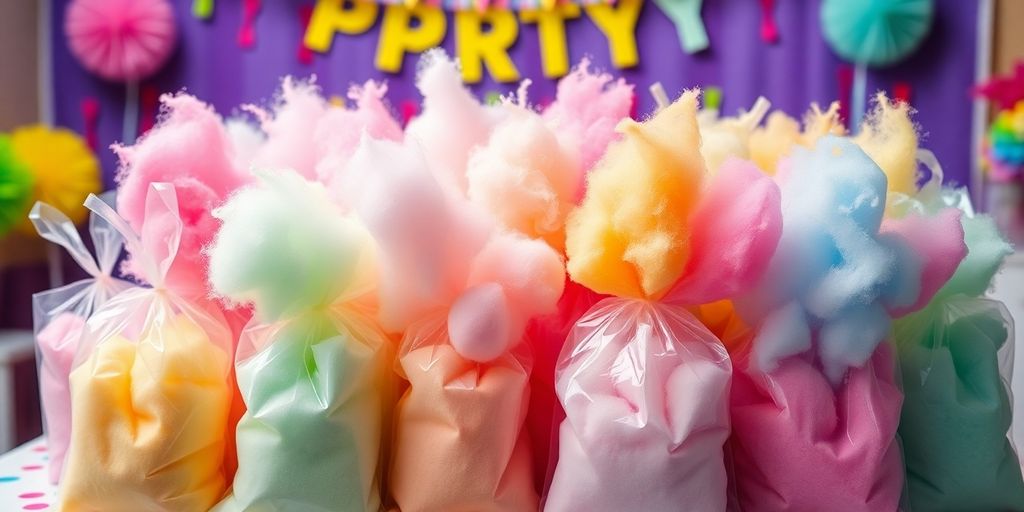 Colorful cotton candy bags on a festive party table.