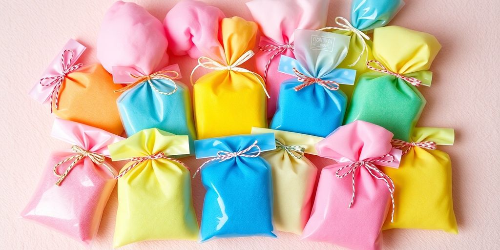 Colorful cotton candy bags in various designs and colors.