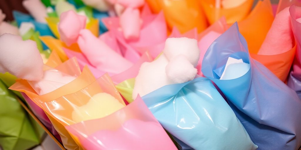 Colorful cotton candy bags arranged for a festive party.