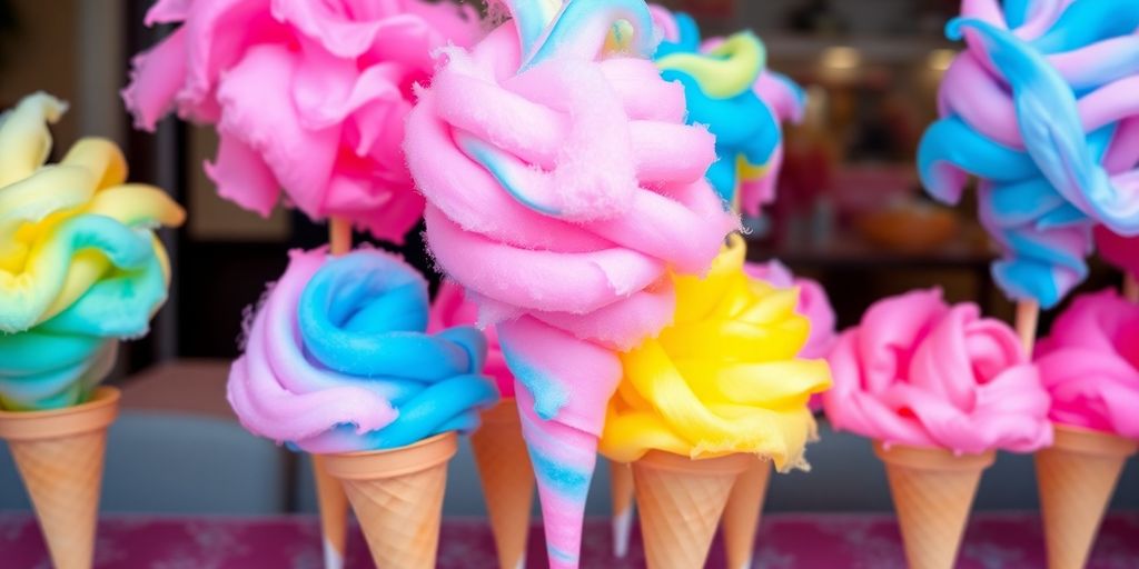 Colorful cotton candy cones in a festive display.