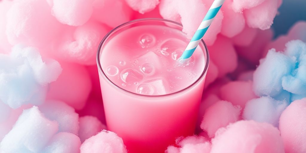 Colorful cotton candy energy drink with fluffy cotton candy.