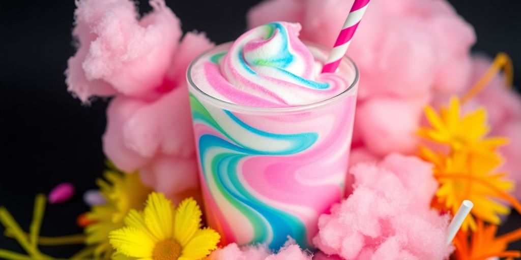 Cotton candy energy drink with colorful decorations.