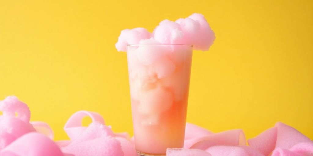 Colorful cotton candy energy drink with fluffy cotton candy.