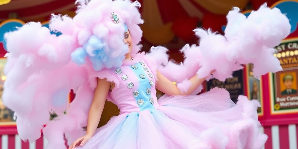 Colorful cotton candy costume with fluffy textures and sparkles.